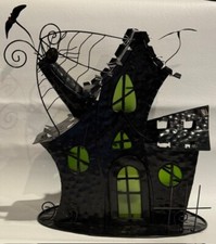 Halloween Metal Black Haunted House with Green Windows Holds 4 Tealights