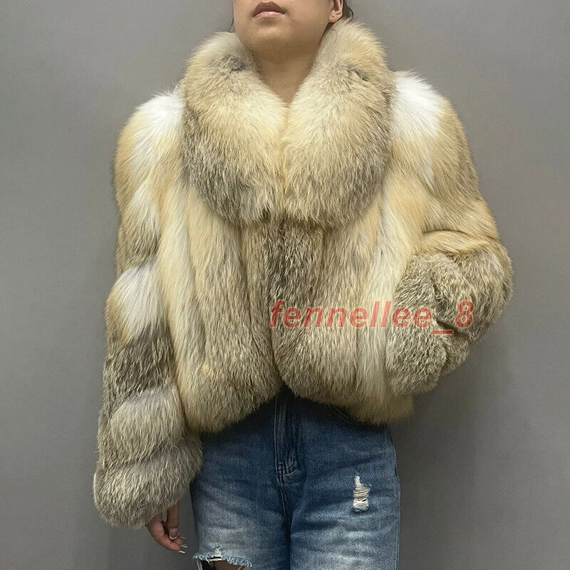 Women Cropped Real Fur Coat Luxury Lapel Collar Warm Short Fox Fur Overcoat - Image 3 of 4