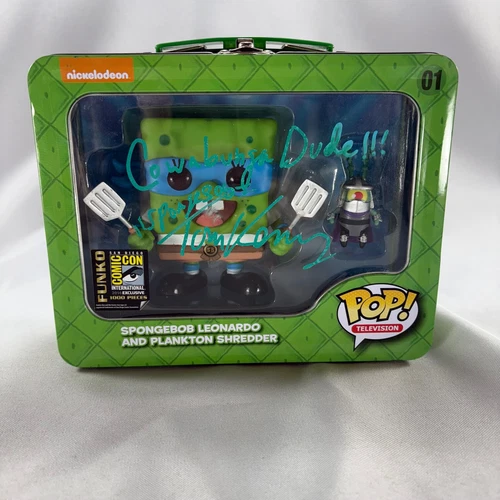 SpongeBob Leonardo & Plankton w Tom Kenny Auto TMNT SDCC 14 Funko Pop & Lunchbox
