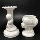 Milk Glass Cherub Candlestick Womans Head Vase Planter Imperial Set of 2 Vintage