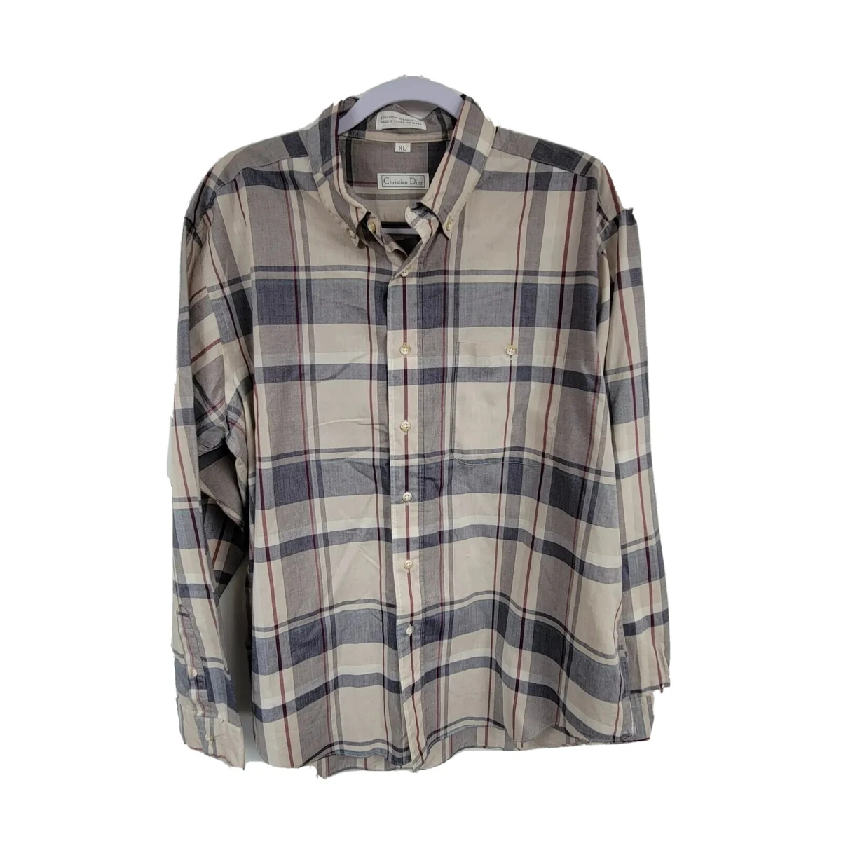 CHRISTIAN DIOR Men s Long Sleeve Shirt XL Button Down Plaid Cotton Blend In EUC