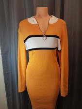 Women’s Ribbed Sweater Dress Sz XLARGE Orange Mustard Colorblock Zip Bodycon