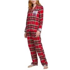 Lands' End Ladie's 2 Pcs Flannel Pajama Set Sz L Plaid Red 100 Cotton