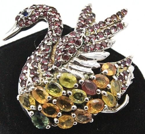 Exquisite Sterling Silver 925 Multi-Stones Citrine Garnet Swan Brooch
