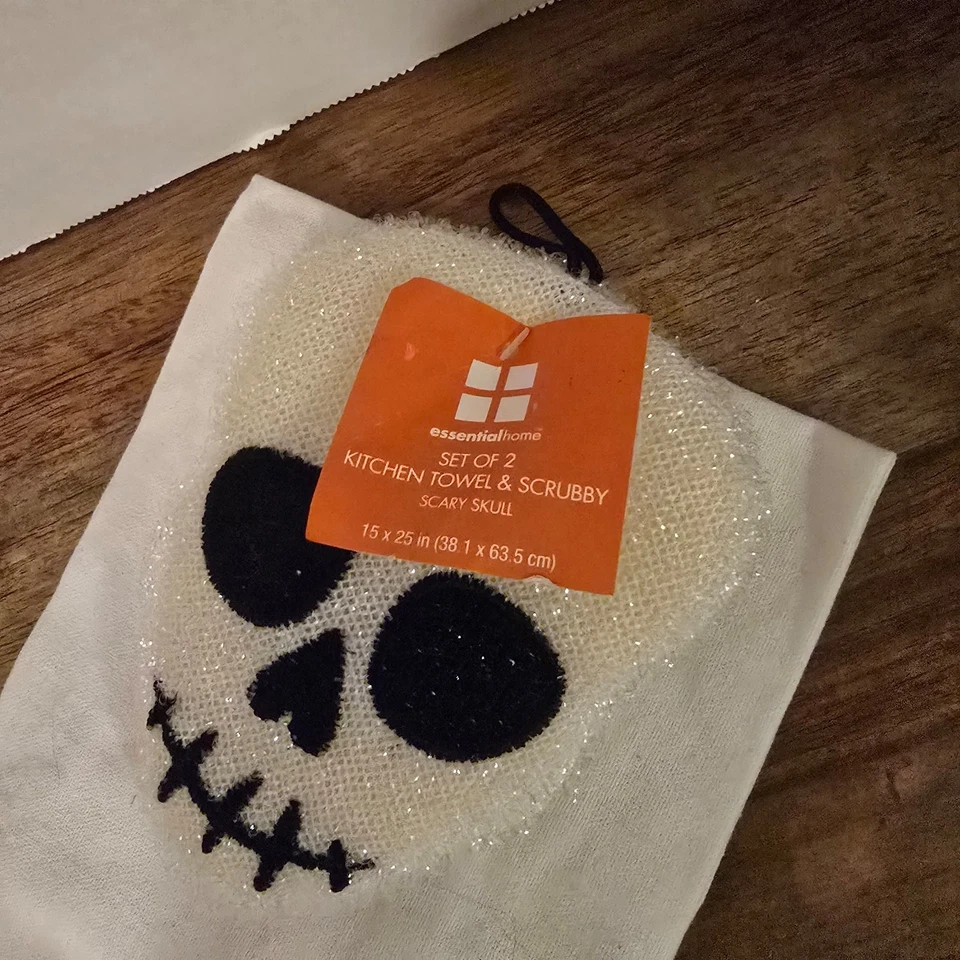 Nuevo con etiquetas Juego de toallas de cocina y exfoliante calavera Halloween esencial hogar vintage Foto 3 de 4