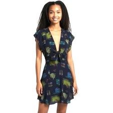 Reformation Mini Dress Women XS Navy Blue Abstract Fish Tie Front V-Neck