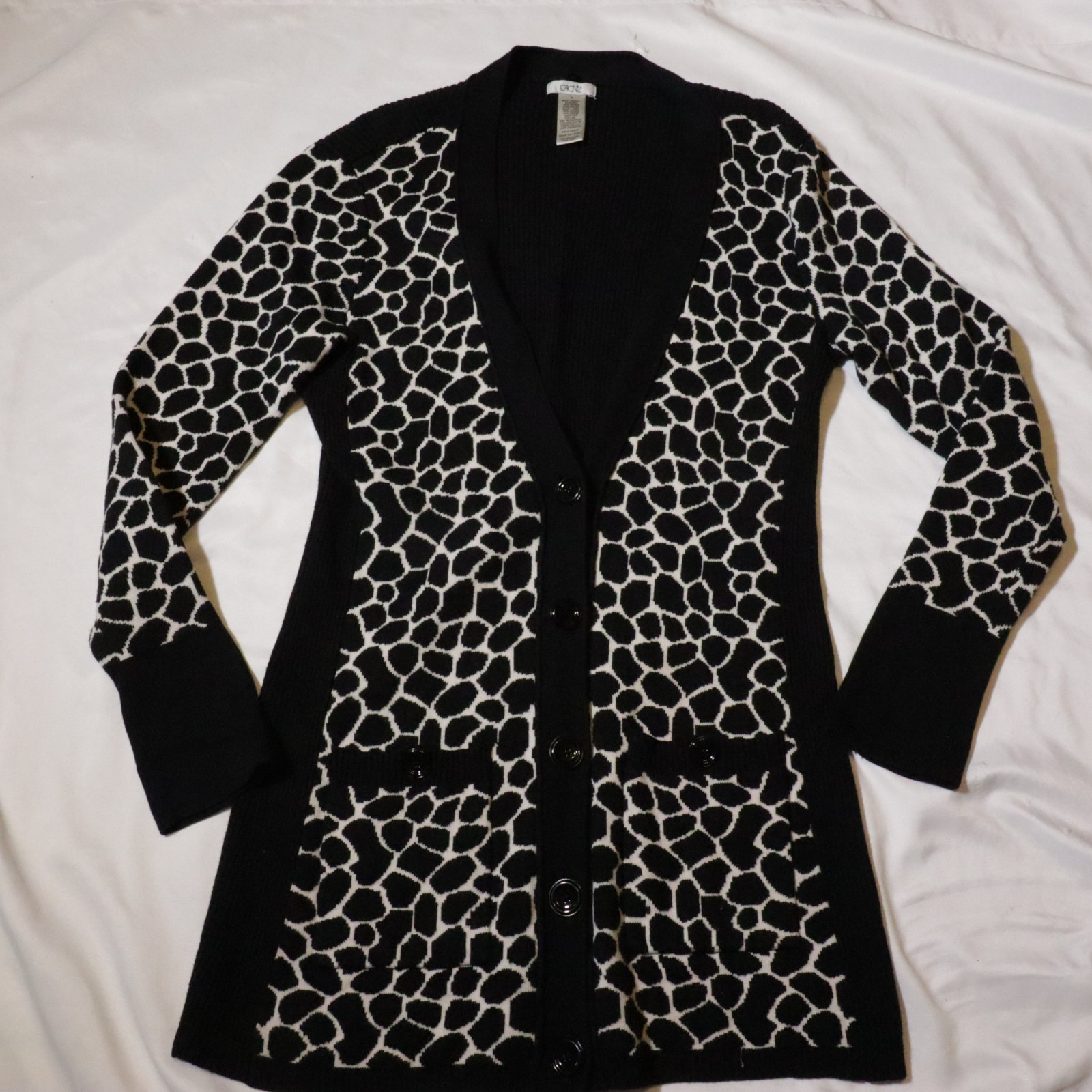 Vintage Cache Black White Cardigan Animal Print Giraffe Medium