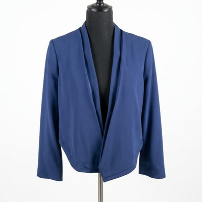 Womens White House Black Market blue open front collarless jacket chain size 6