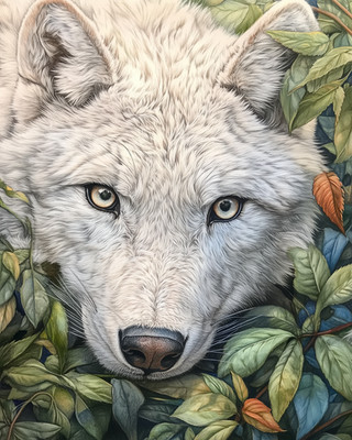 8x10 White wolf close-up face framed by leaves woodland foliage - 810114045