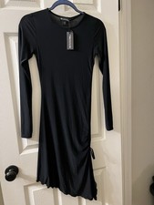 PrettyLittleThing Black Ruched Bodycon Dress Long Sleeve Asymmetrical Hem Size4