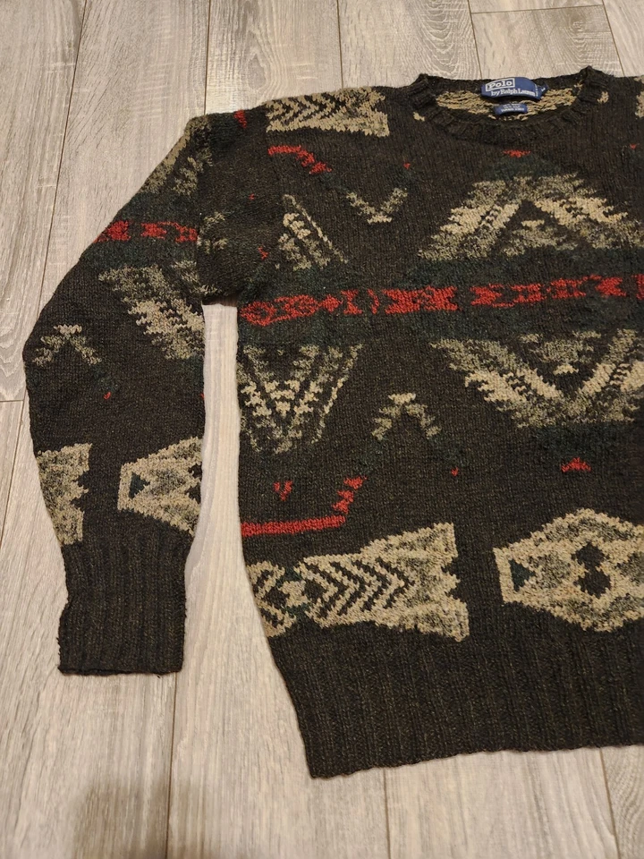 Винтажный шерстяной свитер ручной вязки Polo Ralph Lauren Southwestern Aztec Navajo M - Изображение 2 из 4
