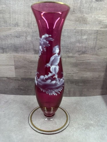 Vintage Fenton Cranberry Glass Mary Gregory Vase 8” Whimsical Boy Hand Painted