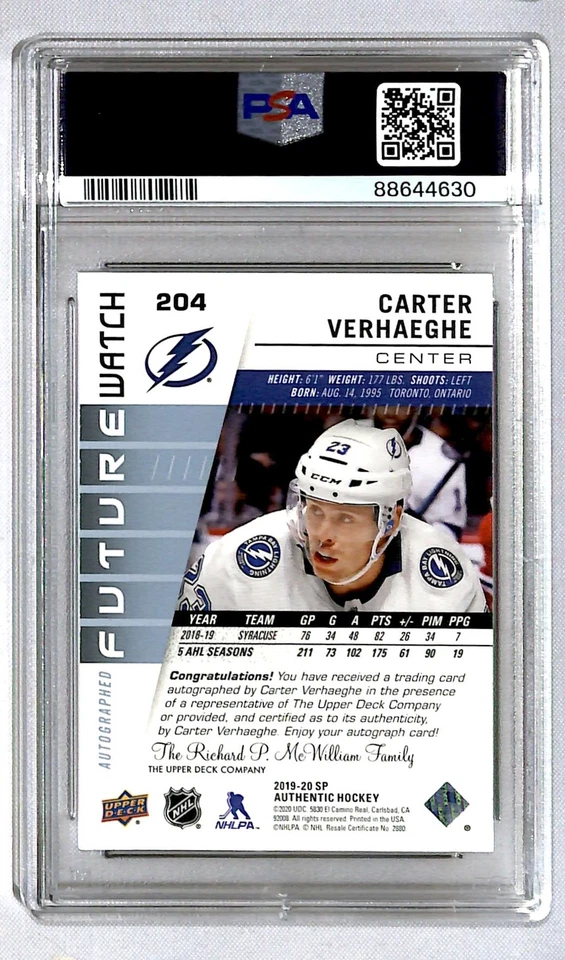 Carter Verhaeghe 2019-20 SP Authentic Future Watch Rookie Auto /999 #204 PSA 10 - Image 2 of 2