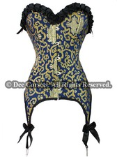 VICTORIAN BURLESQUE BLUE BROCADE CORSET BUSTIER BLACK TRIM SIZE S M L XL