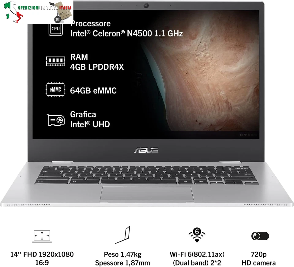 ASUS Chromebook CX1 CX1400CKA, Notebook 14" Anti-Glare, Intel Celeron N4500, RAM - Immagine 2 di 4