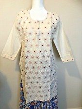 New Womens Kurta Kurti Kameez Tunic Cotton Ivory Sz L Pink Eyelet Embroidery