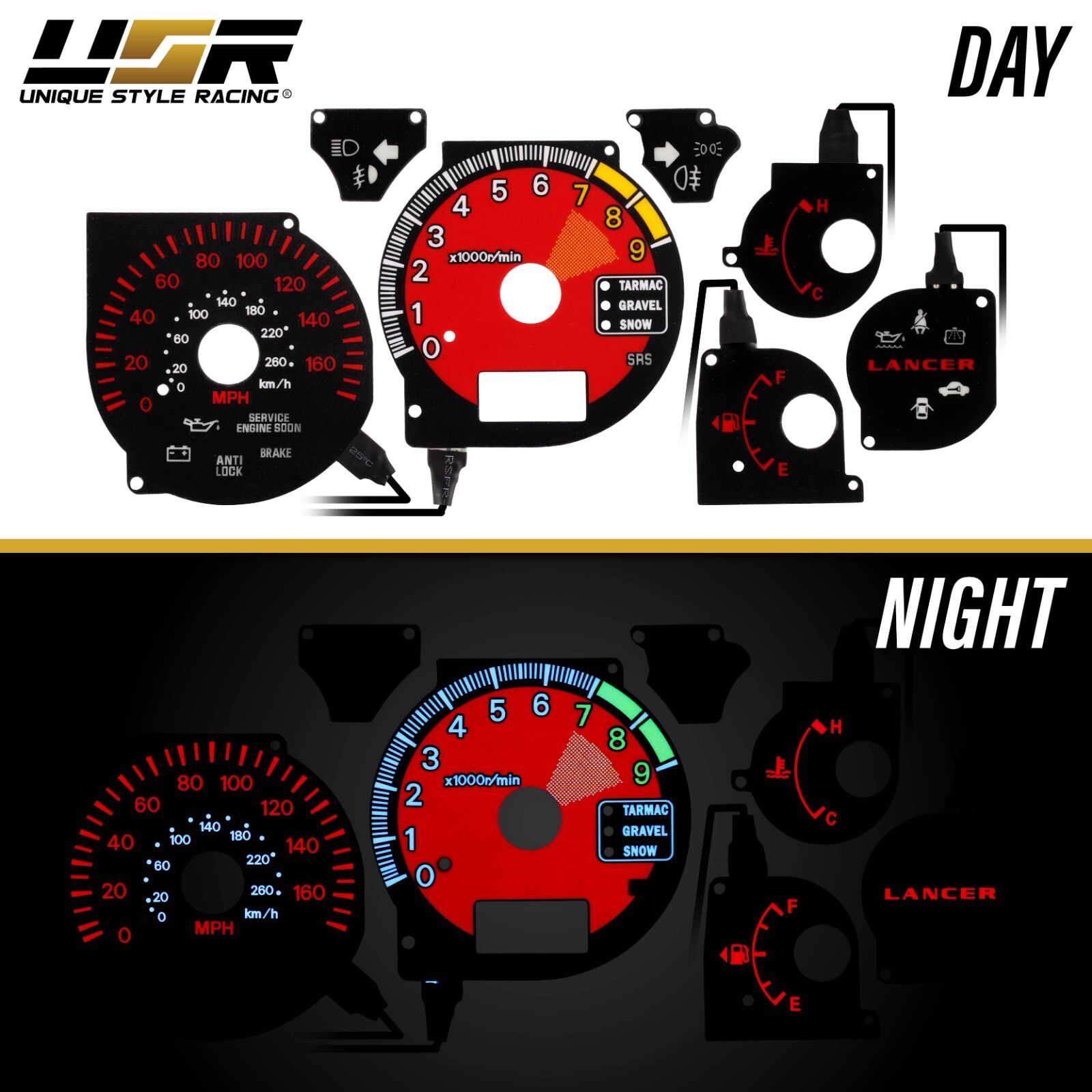 Ferrari Style Glow Gauge RED Overlay For 03-06 Mitsubishi Lancer EVO 8