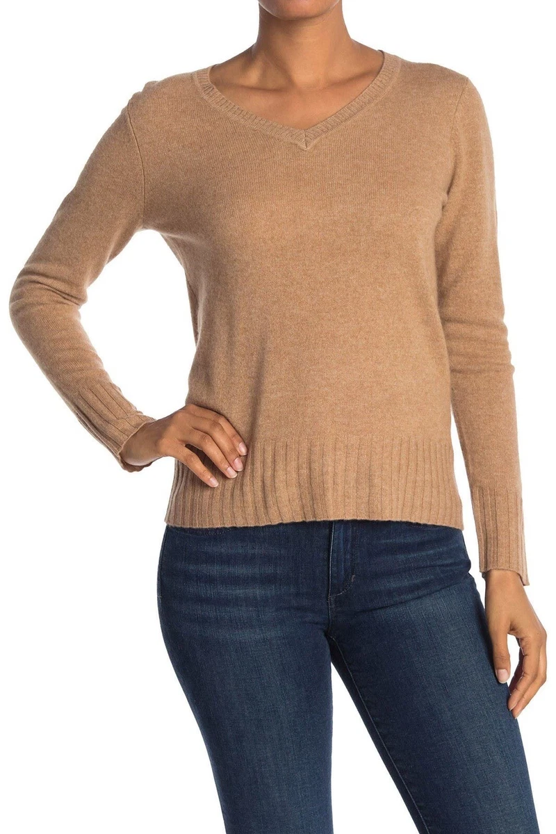 New QUINN Women's Solid V-Neck Cashmere Sweater In Camel Size M $198 | eBay