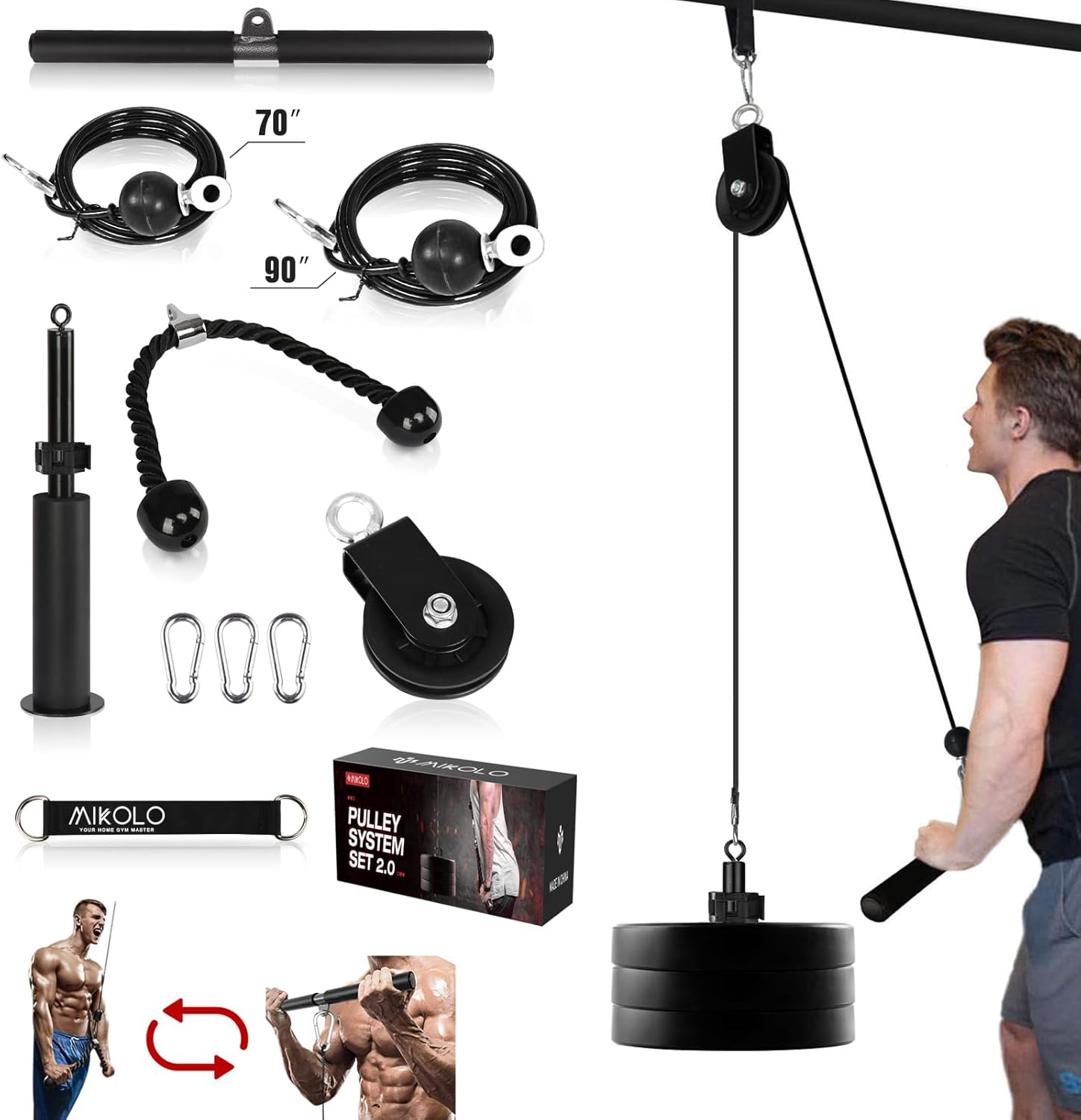 Mikolo Fitness LAT and Lift Pulley System, Dual Cable Machine70'' and 90'' with