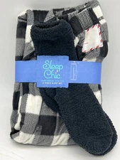 2 Piece Sleep Chic Set Plush Black White Plaid Pants + Black Socks Wmn's Medium