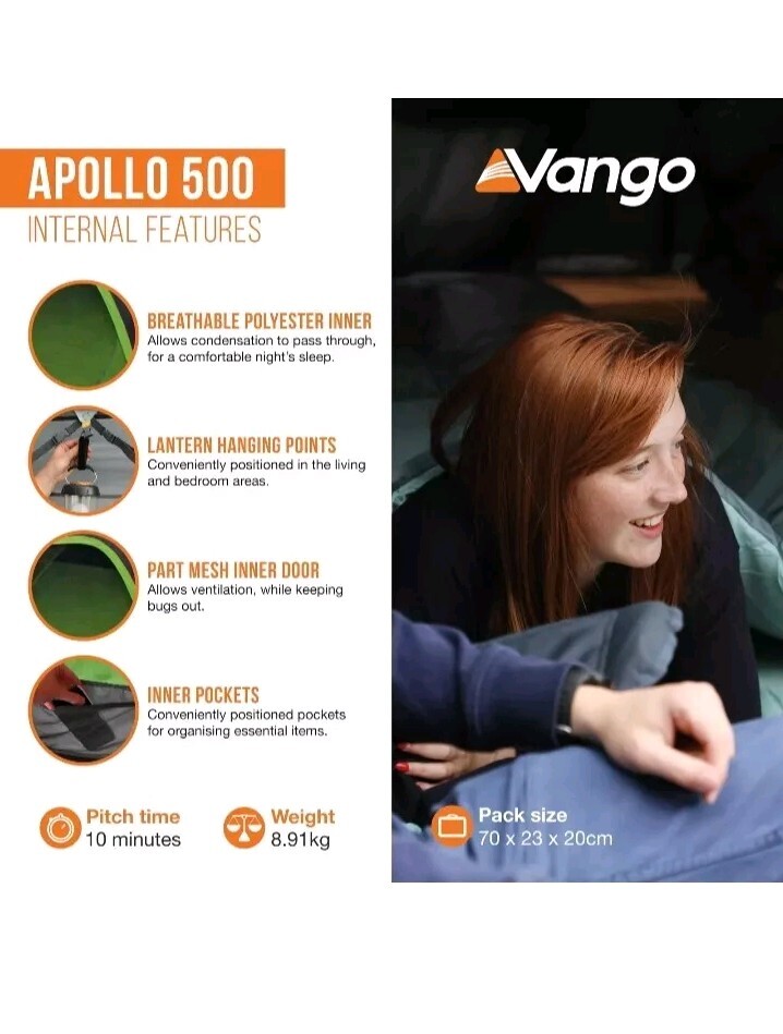 Vango Apollo 500 5-Man Family Dome Tent Camping/Festival Tent