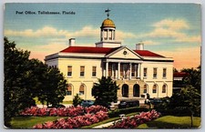 Tallahassee Florida Linen Postcard Post Office US Flag Floral Beds