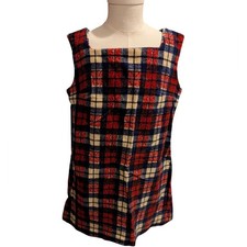 60s 70s Vintage Girls Red Blue Plaid Velour Mod Dress