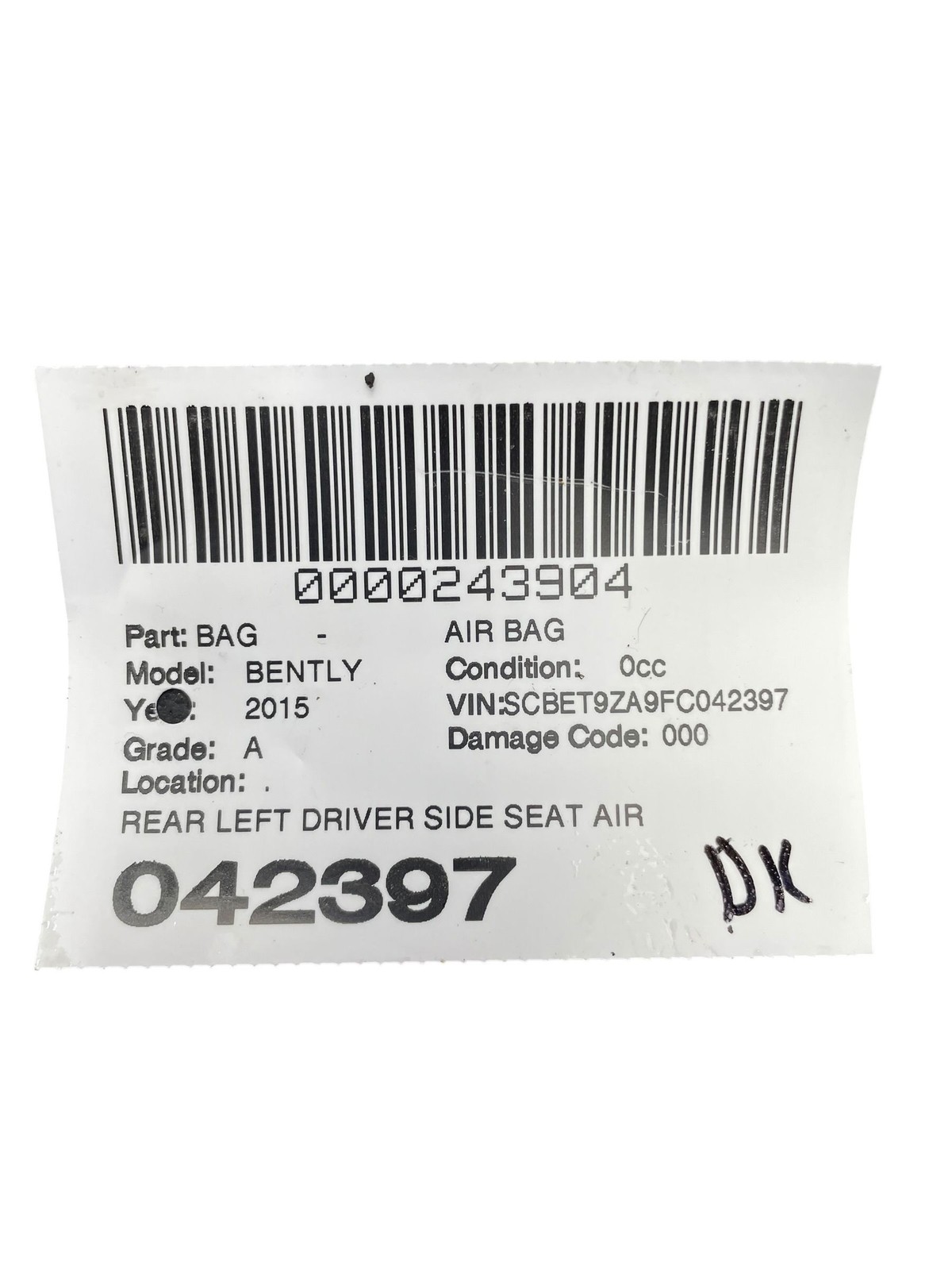 2013-2019 BENTLEY FLYING SPUR 4W 223B OEM REAR LEFT DRIVER SIDE SEAT AIR BAG SRS