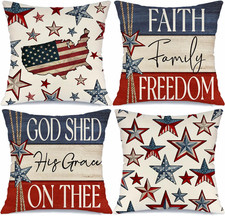 4th of July Pillow Covers 18x18 Set of 4 Faith Family Freedom Stars USA Flag Ind