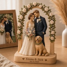 Personalized Wooden Wedding Cake Topper With Dog, Custom Bride Groom Figurine,