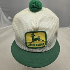 John Deere Women Pom Pom Snapback Hat K-Products Mesh White Vintage Short Brim