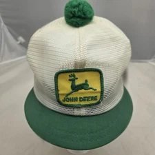 John Deere Women Pom Pom Snapback Hat K-Products Mesh White Vintage Short Brim