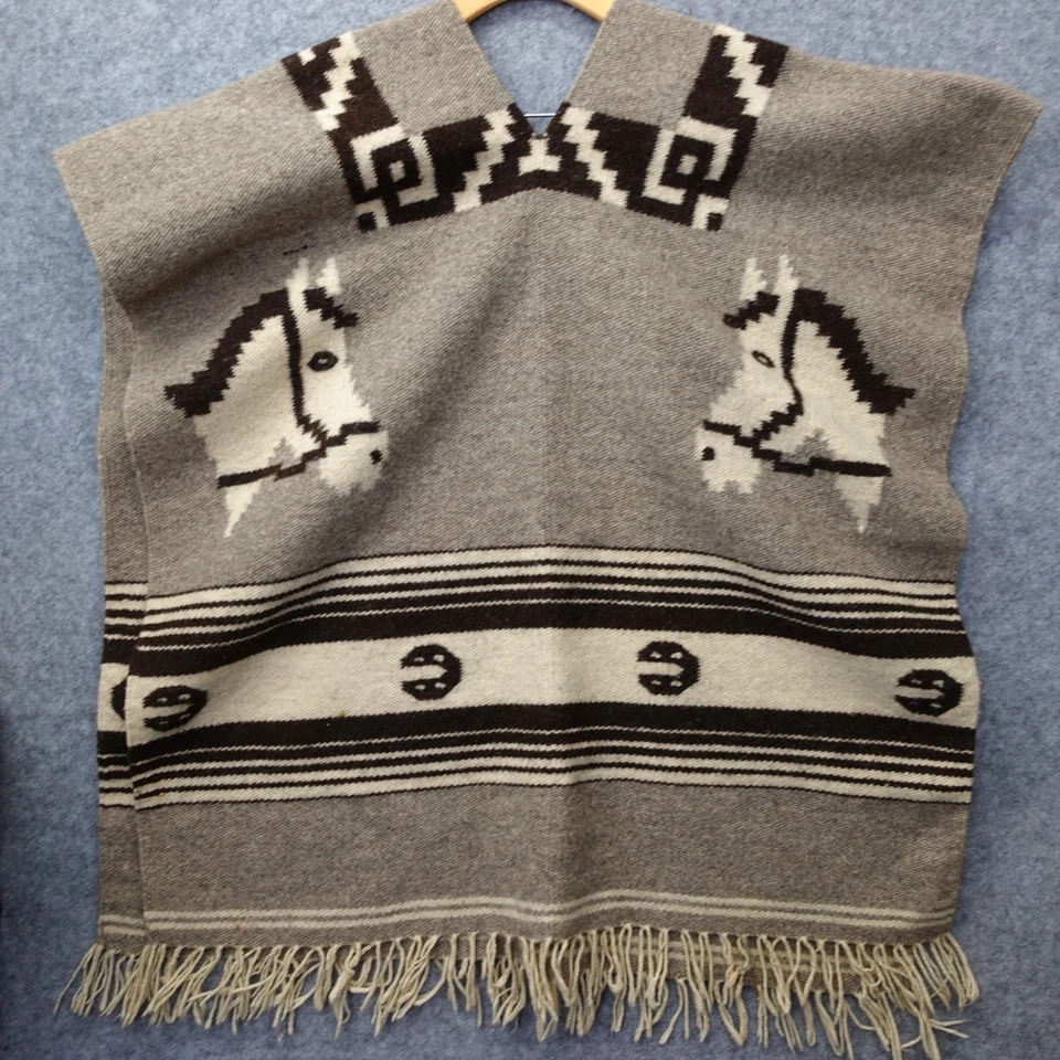 Poncho de Lana Pesada De Colección Para Hombres Gris Marrón Caballo Mexicano Gaban Manta Flecos OS Foto 2 de 4