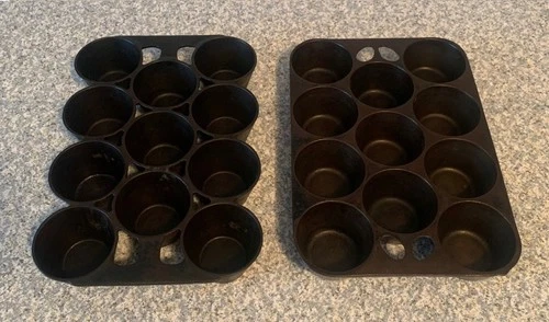 Lot of (2) Vintage Cast Iron 11-Cup Griswold Popover Pan & Wagner Muffin Pan