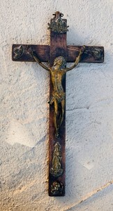 #8- Antique French Hardwood Crucifix w/ bronze corpus and ornamentations,Paris