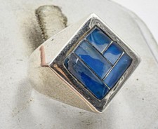 Artist hand made Modernist Blue Opaque Glass front unisex wide ring band sz7.25