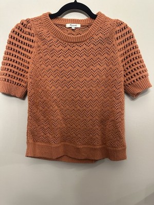 Madewell XS Rust Orange Open Knit Short Sleeve Sweater Pullover Cotton Blend