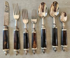 RARE Antique Horn Handle Flatware Set 7pc Forks Spoons Knife Silverplate? c1900