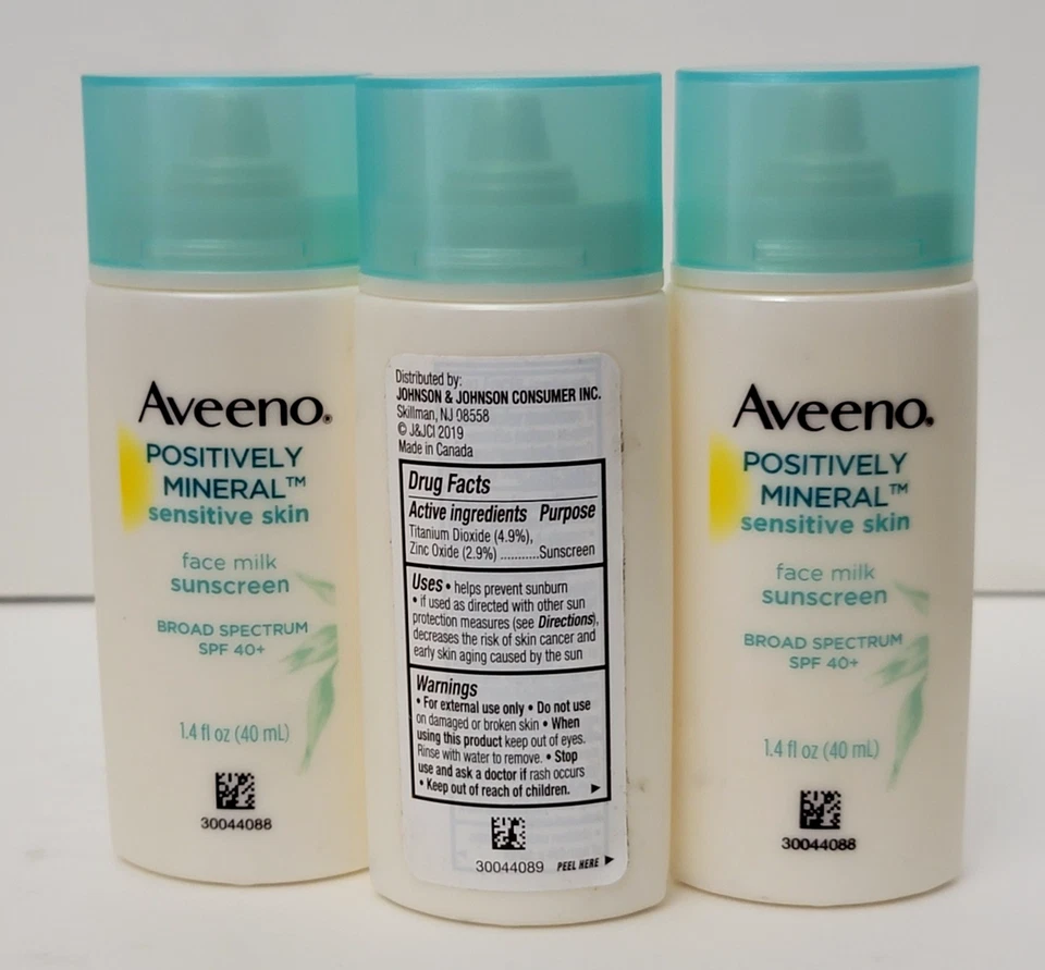 Paquete de 3 protectores solares Aveeno Positively Mineral Sensible Skin Face Milk 1,4 fl oz U/B Foto 3 de 3