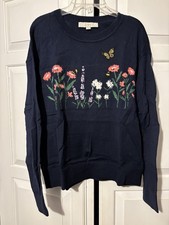 Ann Taylor LOFT Navy, Spring Floral Design, Light Weight Crew Neck Sweater- M
