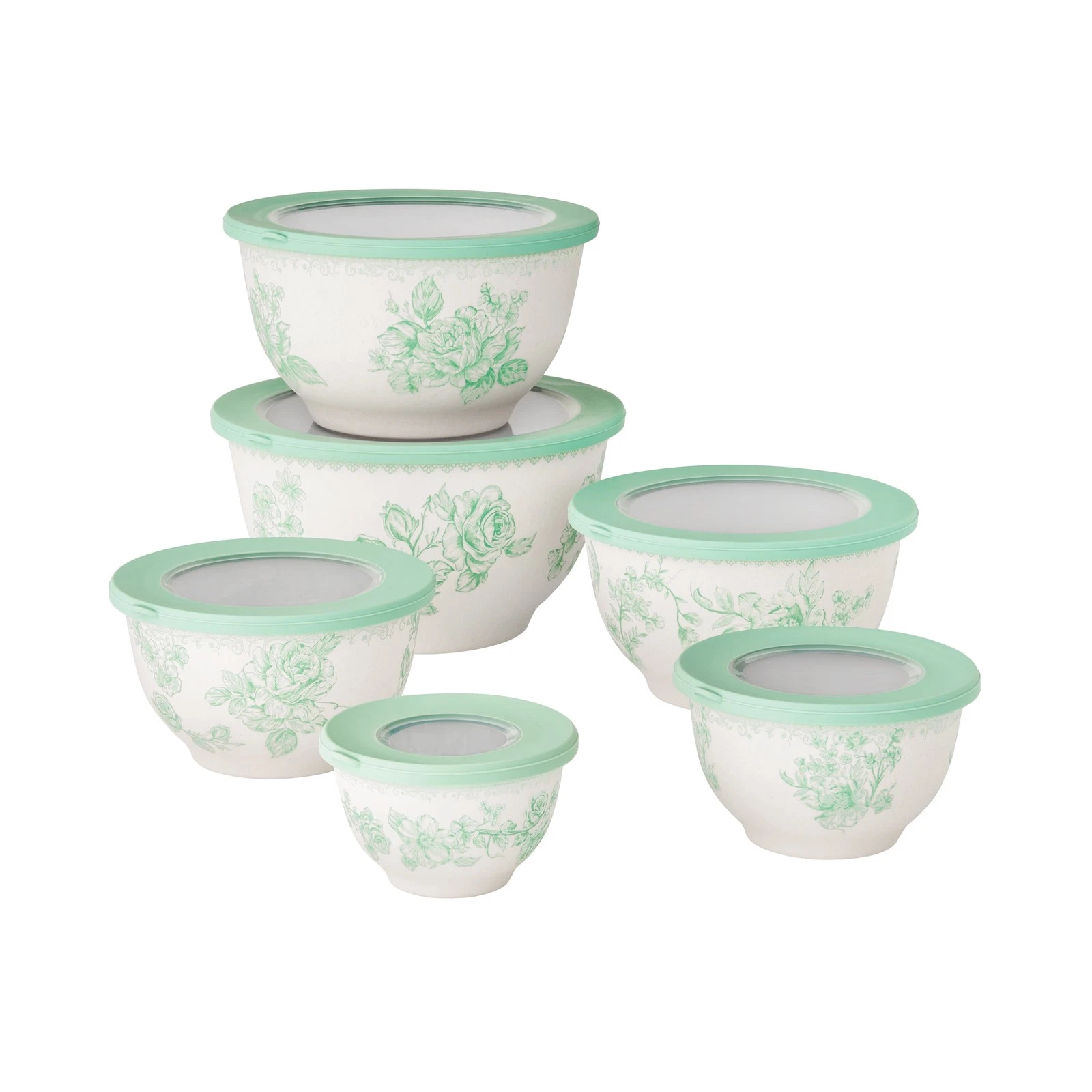 Pioneer Woman Agatha Melamine Mixing Bowl Lid Set Floral Green White 12Pc New