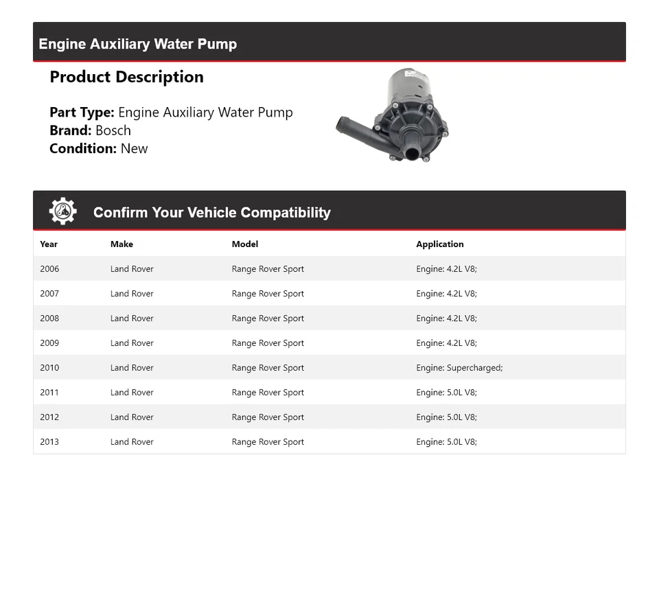 Bomba de agua auxiliar motor Bosch Land Rover Range Rover Sport 2006-2013 Foto 2 de 4