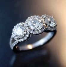 2.78Ct White Round Stone Three Stone Halo Engagement Ring 925 Sterling Silver