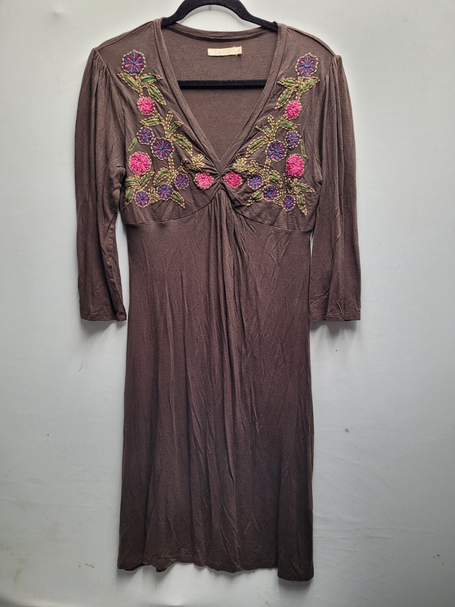 Anthropologie Caite Boho Womens Large Embroidered Brown Dress Long Sleeve  2251