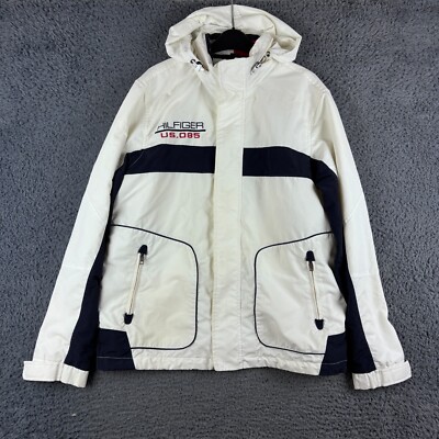 Vintage Tommy Hilfiger Jacke Herren Medium Weiß Segeln Regen Mantel Wasserdicht Y2K
