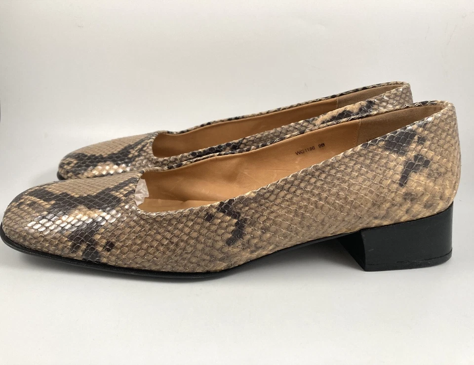 LAUREN RALPH LAUREN BEIGE BLACK SNAKESKIN LEATHER LOW HEEL SQUARE TOE SHOES 9B - Image 2 of 4