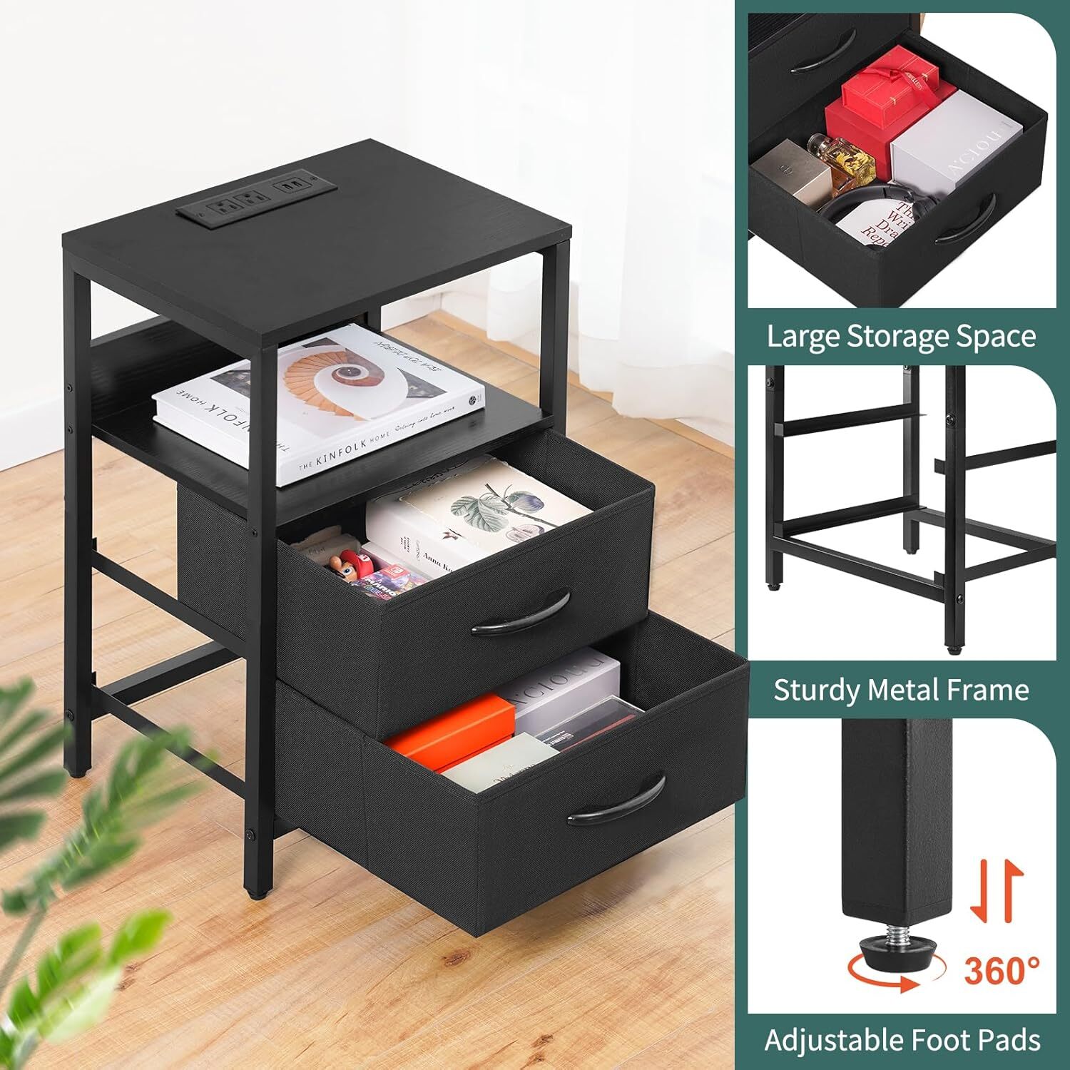 Nightstand with Charging Station, LED Night Stand with Fabric Drawers