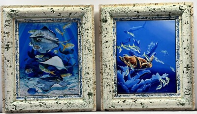 Carey Chen & Bob Jenny Framed Ceramic Art Tiles Sea Turtle Stingray Ocean 14x12