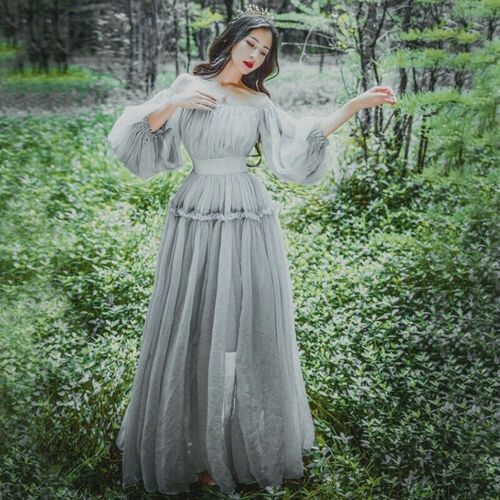 Princess Lady Fairy Puff Sleeve Prom Gown Chiffon Off The Shoulder Maxi Dress UK - Picture 3 of 12