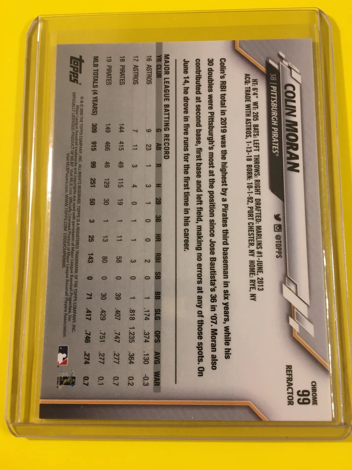 🔥🔥2020 Topps Chrome COLIN MORAN Refractor #99 Pittsburgh Pirates - Image 2 of 2